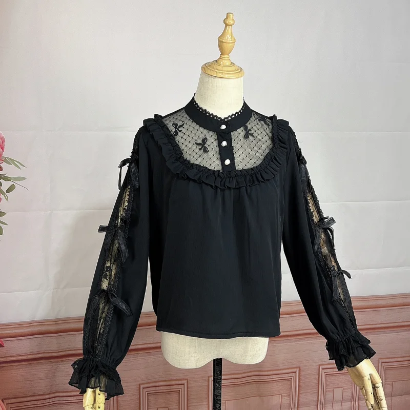 Imagem -04 - Sweet Lolita Estilo Blusas Femininas Borboleta Malha Botão Pérola Camisas de Manga Lanterna Feminina Elegante Princesa Chic Lace Chiffon Tops