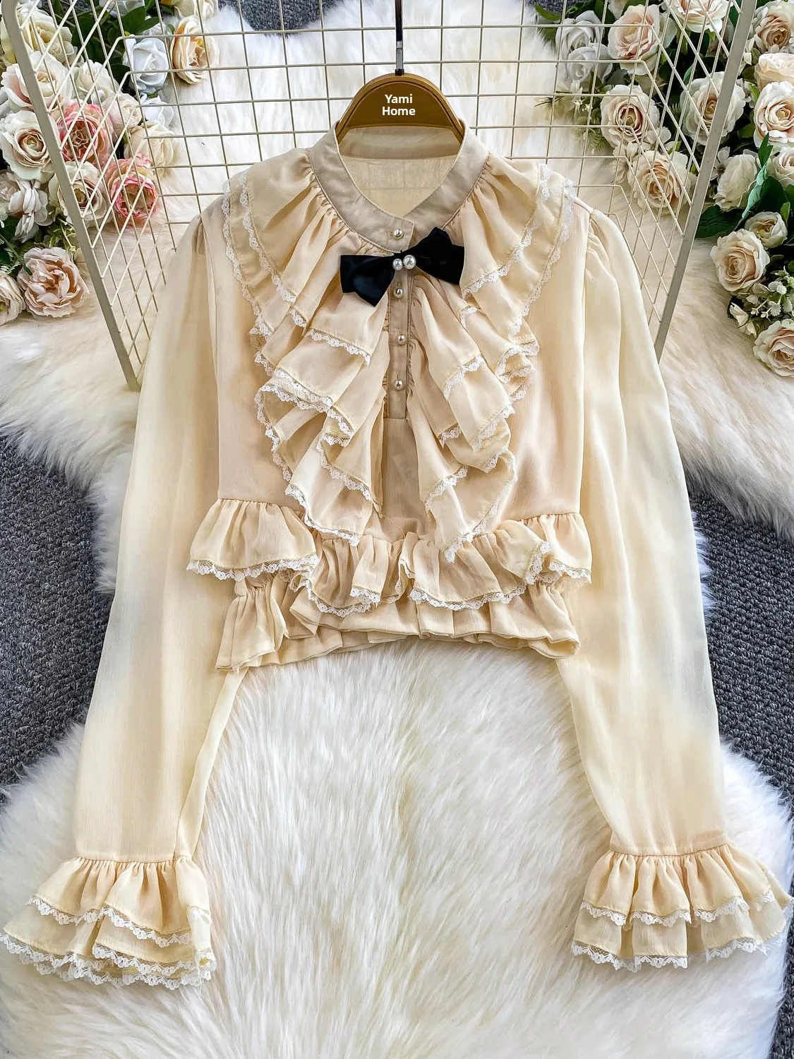 Csa E com Mangas de Renda para Mulheres, Top Curto com Laço de Borboleta, Ajuste Solto, Decote Redondo, Manga Longa