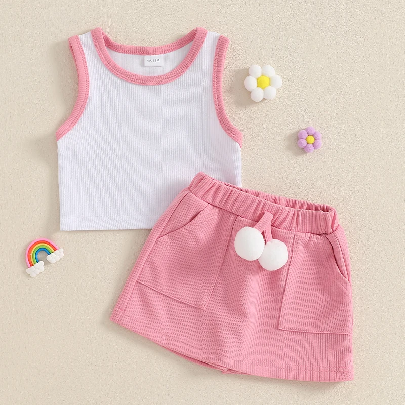 2Pcs Toddler Girl Summer Clothes Sleeveless Round Neck Tank Tops Plush Ball Skorts Shorts Outfit