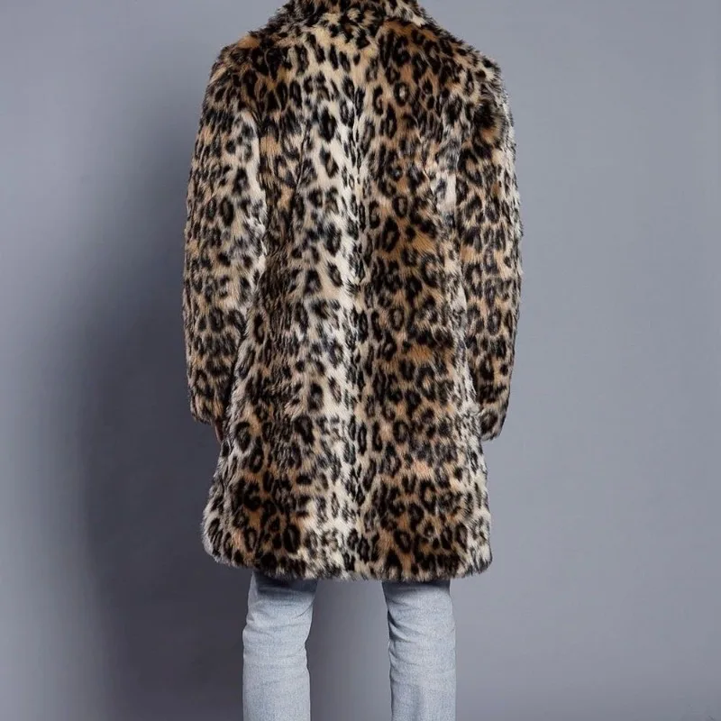 Luxury Men's Leopard Print Suit Overcoat Mid-length Rabbit Fur Winter Warm Thicken Faux Fur Coat Men Mens Fur Trench Coat New