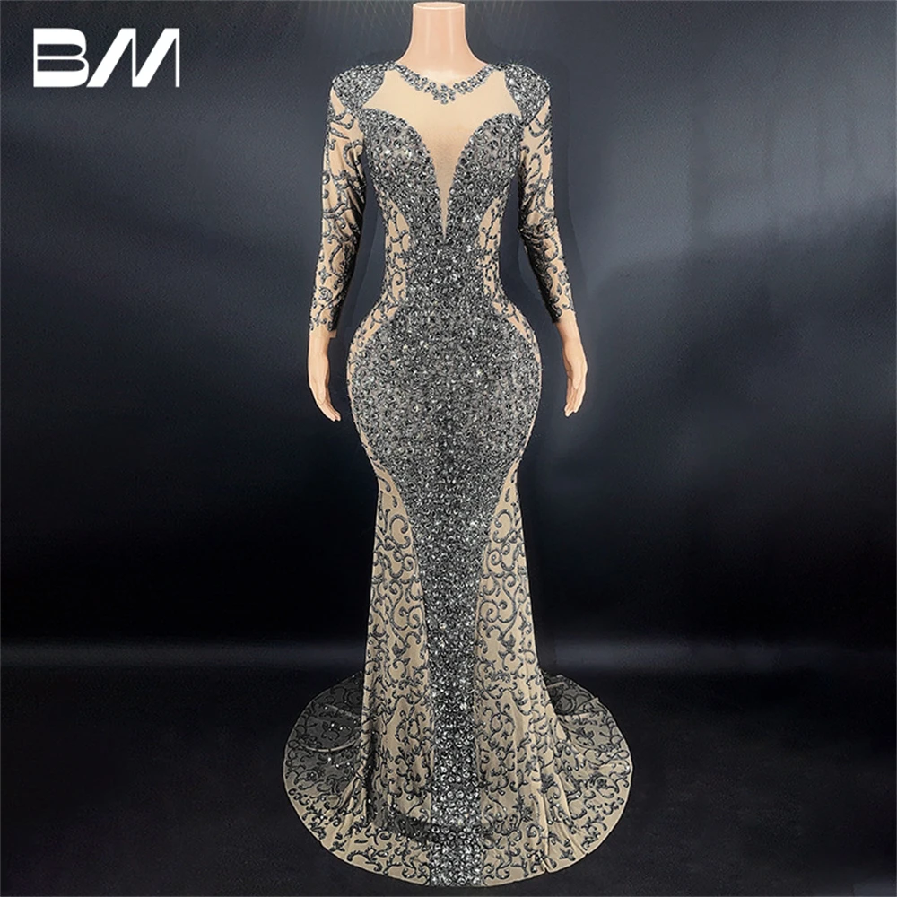 Long Illusion Sleeve Prom Dress Mermaid Women Formal Occasion Dresses Shinny Crystal Stone Evening Gown Party Celebrity