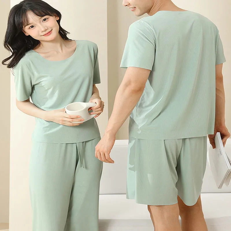 Ladies Round Neck Short Sleeve Long Trousers Pajamas Plus Sizewomen Pajamas Solid Colour Easy to Cleanschool Pajamas2xl Blue T-S