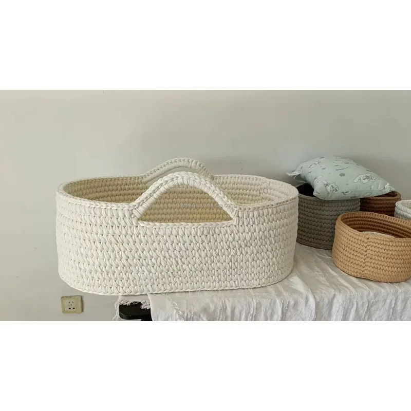 Handmade Crochet Baby Changing Basket, Cotton Moses Basket Dresser with Upholstered and Waterproof Cover