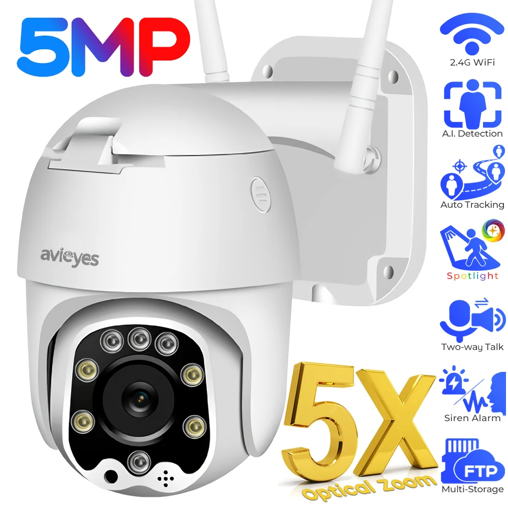 5MP 5X Optical Zoom IP Camera Outdoor PTZ Auto Tracking WiFi Security Camera Color Night Human Detect Dome Surveillance Cameras