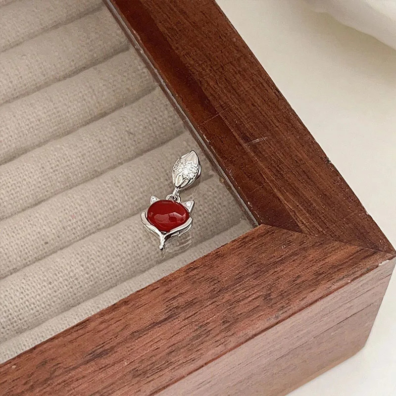 China-Chic Fox Pendant S925 Sterling Silver Inlaid Red Agate Diy Bracelet Necklace Accessories