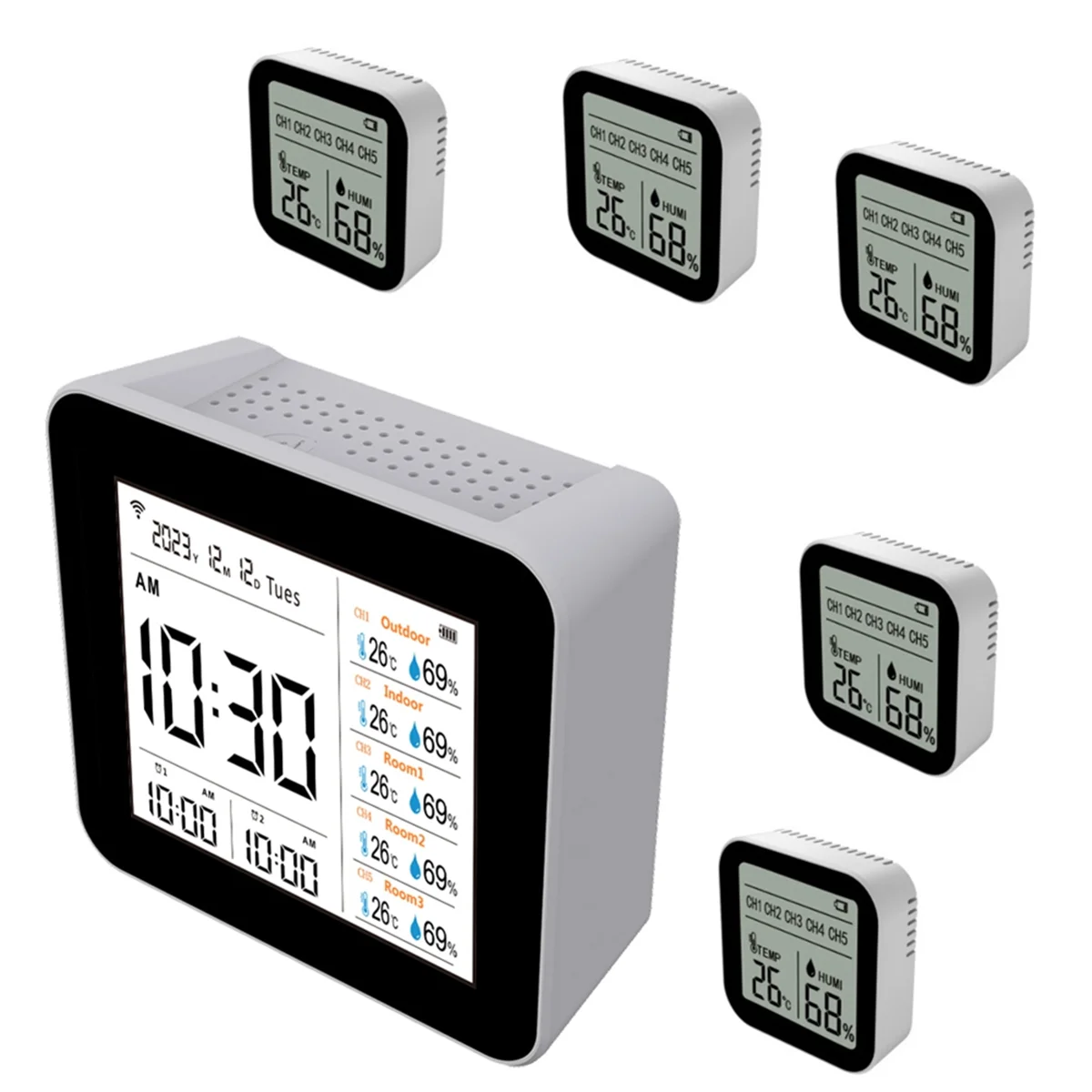 2C012,13 in 1 Tuya WIFI Air Quality Detector CO2,CO,PM2.5 Formaldehyde TVOC Temperature and Humidity(with 5 Slave Units)