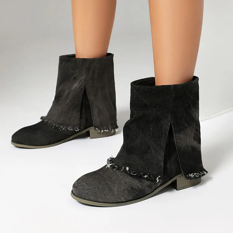 

2025 Short Boots Round Toe 34-45 Big Size Chunky Heel Denim Boots