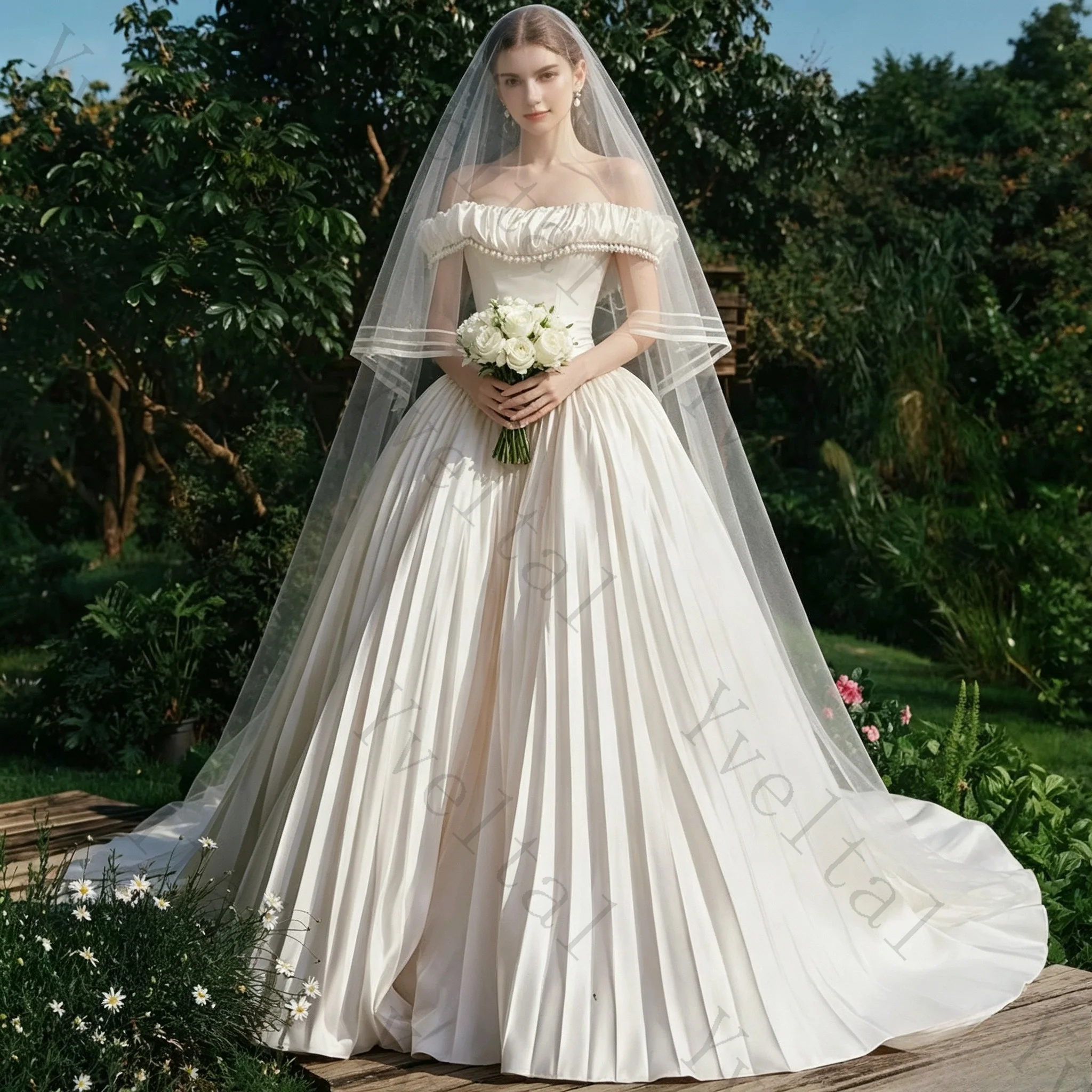 Customized Ivory Off-Shoulder Satin Wedding Dress Pleated Waist A-Line Skirt Romantic Bridal Gown for Outdoor Ceremony Ocassions