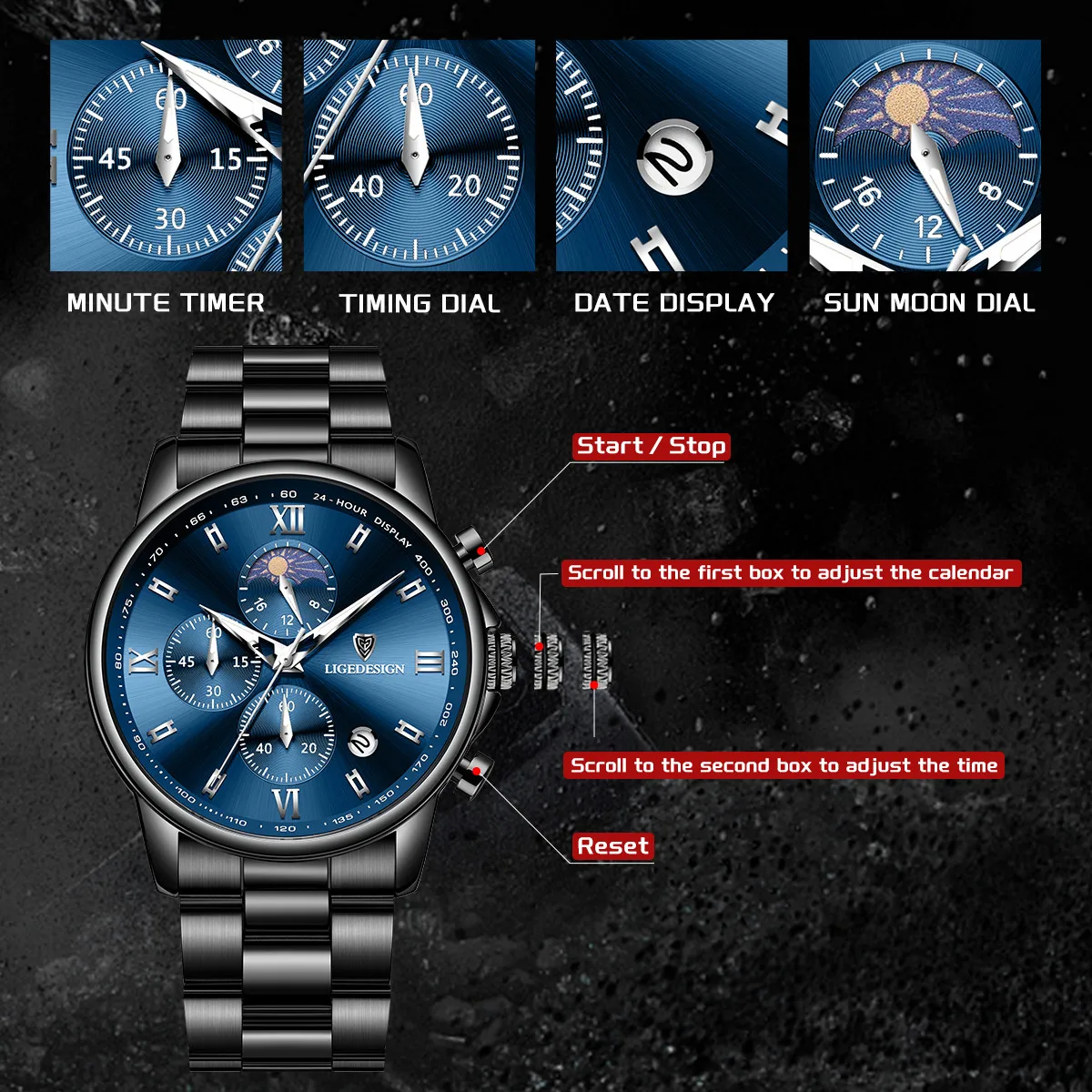 LIGE Orologio al quarzo da uomo di lusso Moda fasi lunari Orologi da uomo d'affari Orologio cronografo da uomo impermeabile in acciaio inossidabile