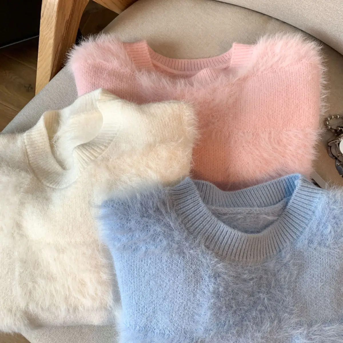 

Faionable Women's Knitted Mink Velvet Sweater Autumn Winter Thi Warm Long Sve round Ne Pullover Soft Cozy Base irt