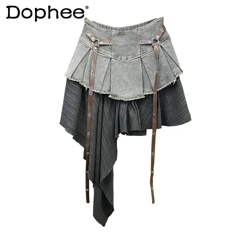 Retro Splicing Denim Pleated Skirt Women's Summer New Temperament Girl Fashionable High Waist A Line Skirt Denim Skirt 2025