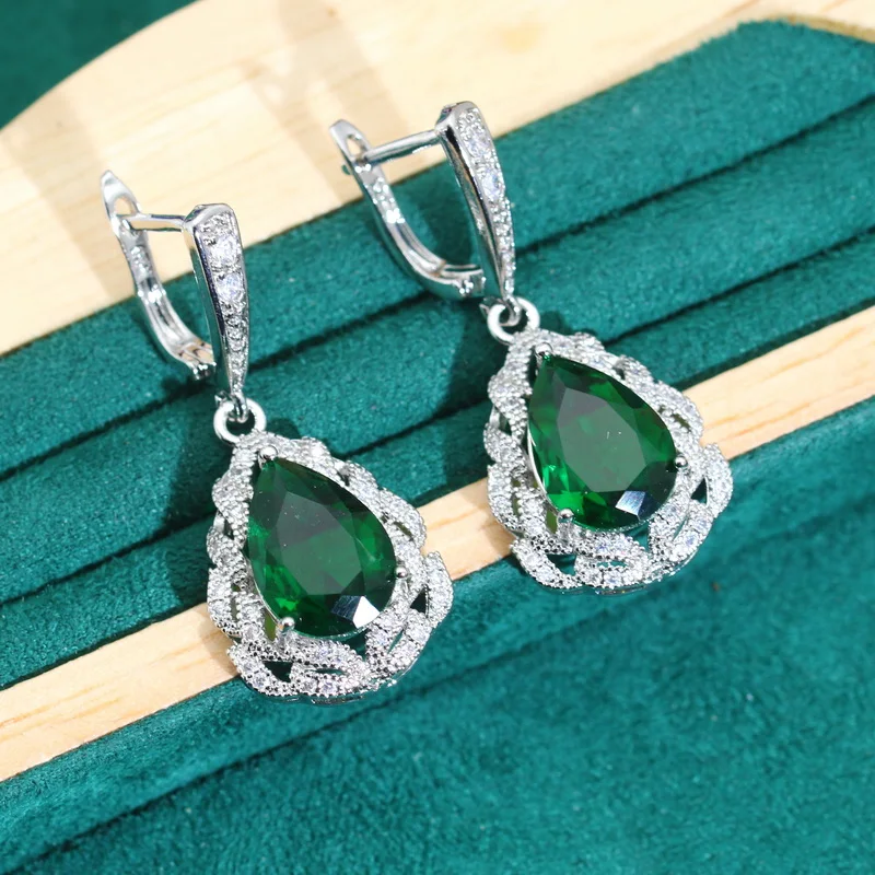 Classics Green Zircon 925 Silver Jewelry Sets for Women Wedding Bracelet Earrings Necklace Pendant Ring Dating Gifts