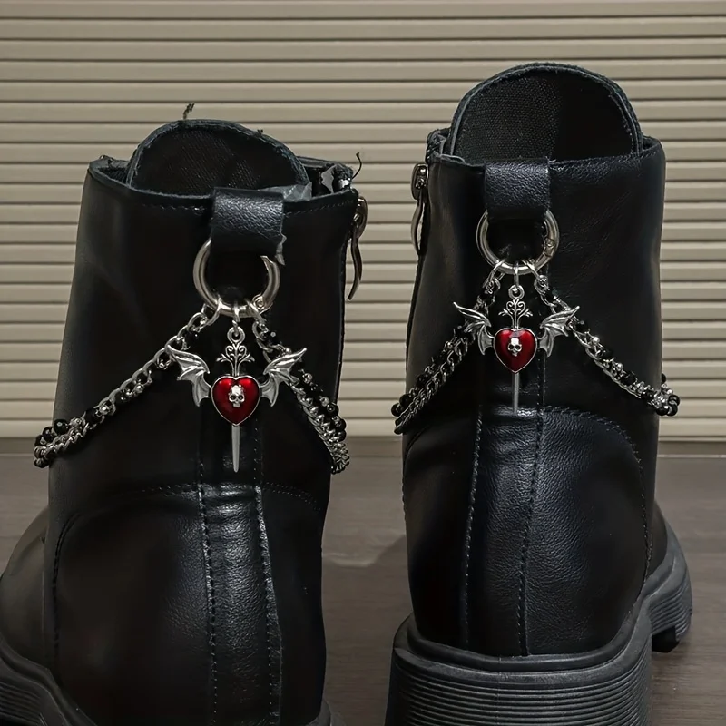 2Pcs Y2K Gothic Winged Red Heart Skull Black Bead Multi-layer Shoe Chains, For Daily Wear & Halloween Party