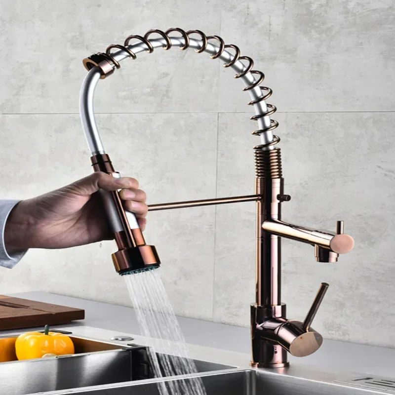 Chrome Spring Kitchen Faucet Pull-Down Dual Spouts 360° Swivel Handheld Sprayer Hot and Cold Kitchen Mixer Tap