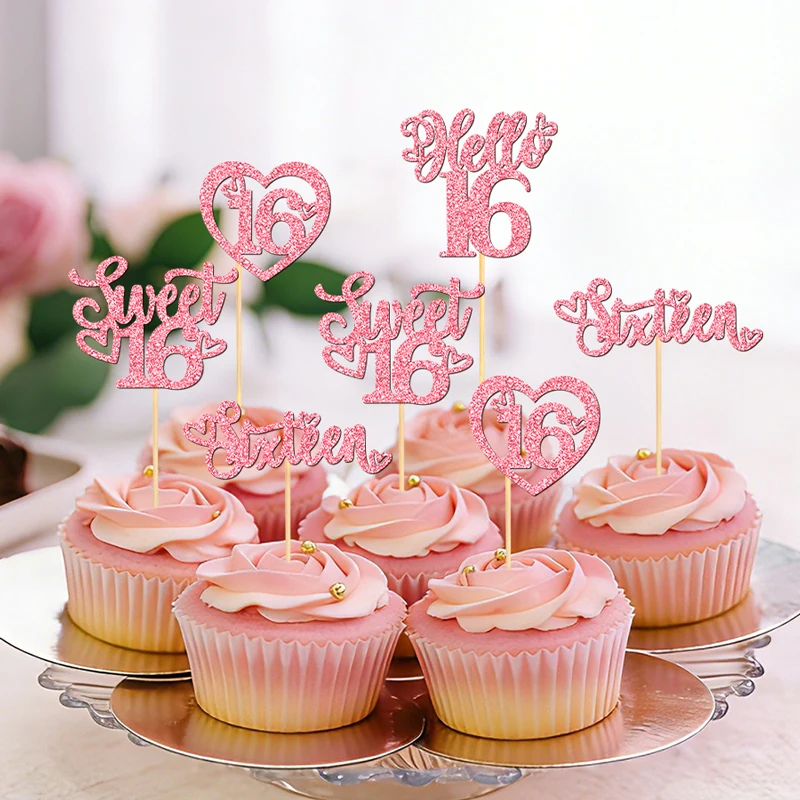 NUBECOM 24 Stück Sweet 16 Kuchendekoration Glitzer Hello 16 Cupcake-Topper Sixteen Happy 16th Cupcake-Dekorationen Geburtstagstorten-Aufsätze – Detail 10