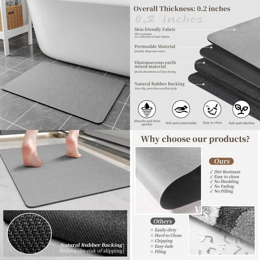 

коврики для ванной 24x17 - коврик для ванной с диатомовой землей, быстросохнущий впитывающий коврик для ванной комнаты, резиновый нескользящий тонкий коврик для ванной комнаты подходит