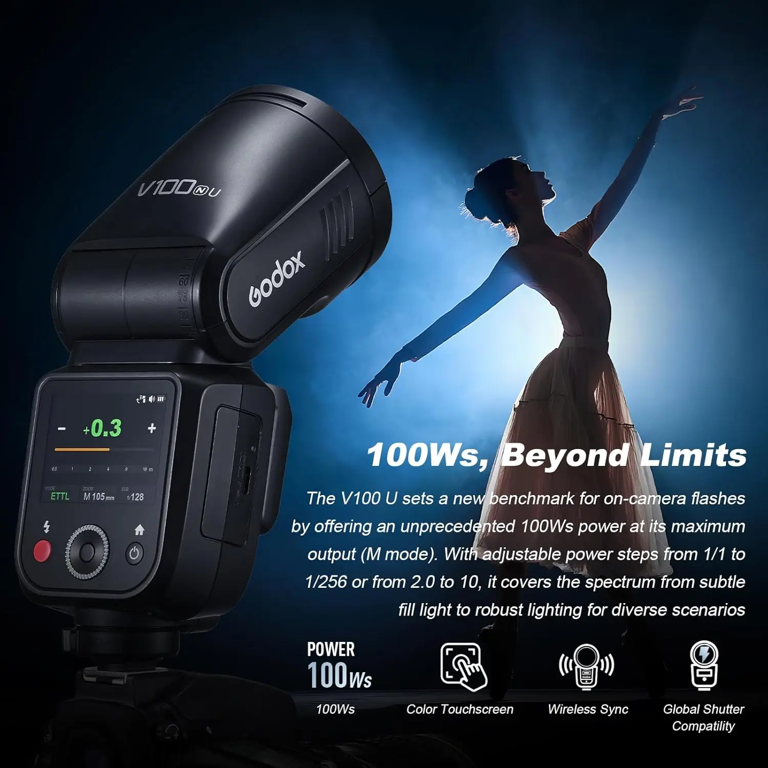 Godox V100S V100C V100N V100F V100O 100W TTL Round Head with 70 Full-Power Touch Screen for Sony Canon Nikon Fuji Olympus Flash