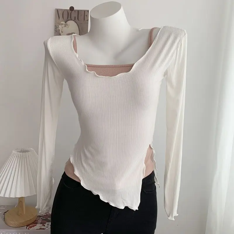 

Женские футболки с нерегулярным разрезом и длинными рукавами, солнцезащитные повязки, модные тонкие, милые, женские, темпераментные, повседневные, в корейском стиле, шикарные