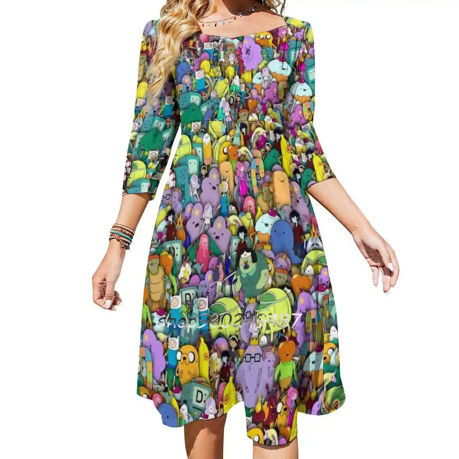 Adventure Time Characters Stickerbombing Sweet Elegant Dress Women Korean Kawaii Square Collar Dress Adventure Time