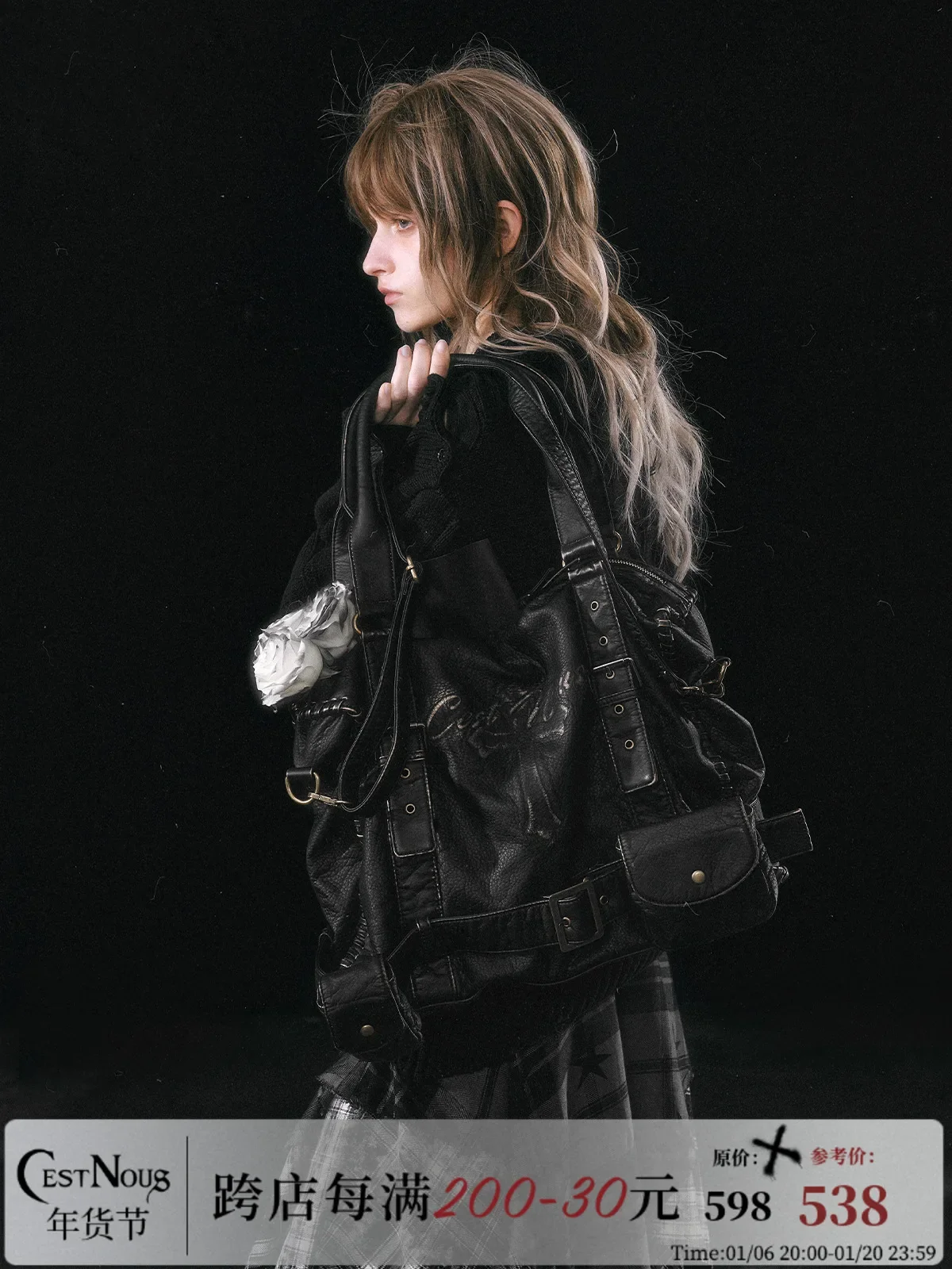 

CestNous Heavy Made Vintage Cross Patch Retro PU Leather Motorcycle Punk Rock Hand Bag Shoulder Bag All Match