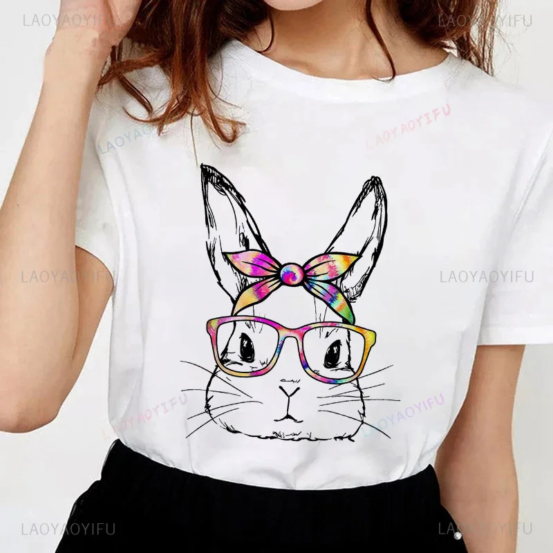 Clever Rabbit Print T-shirts Cute Funny Graphic T Shirts Summer Women Floral Fashion Ladies Clothes image 2