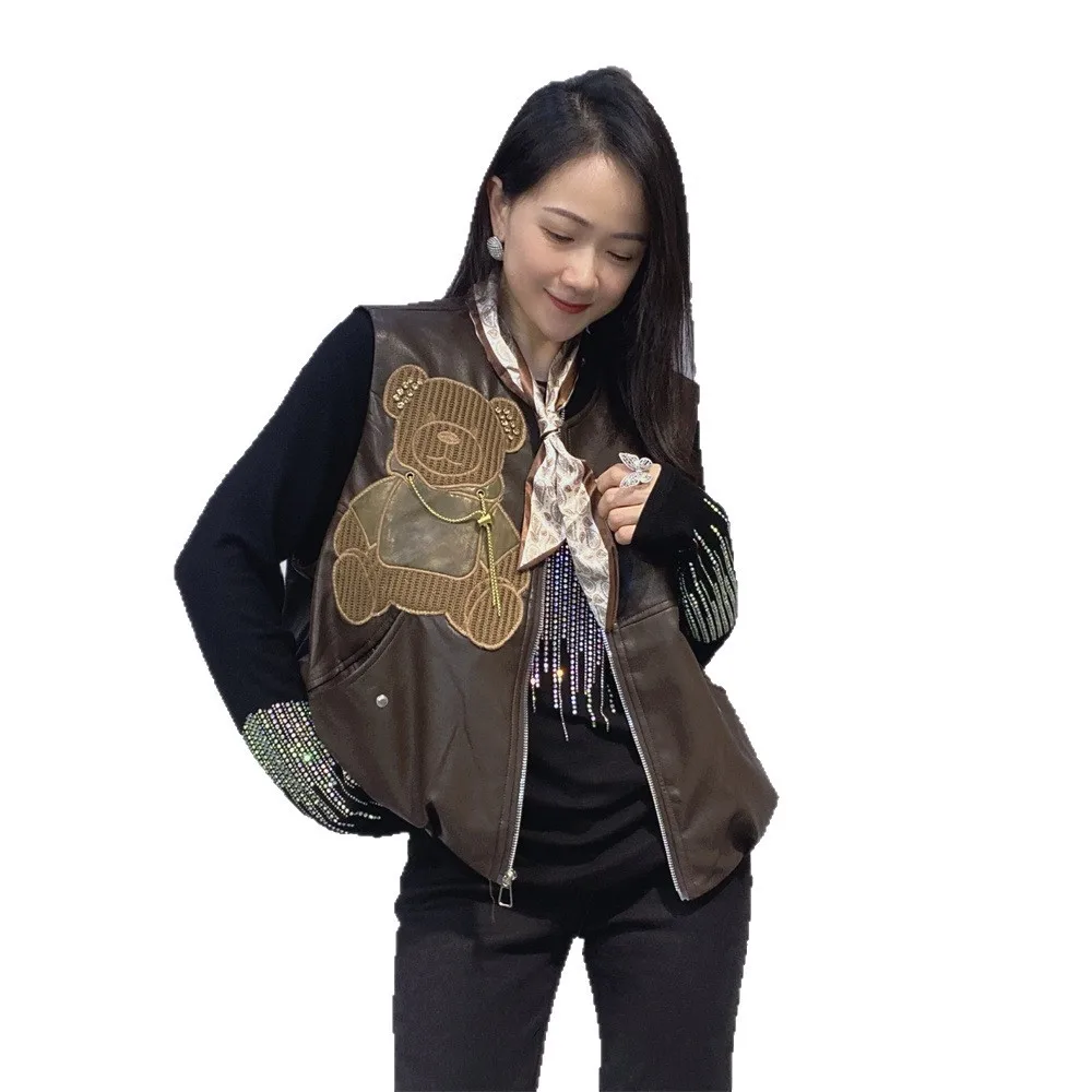 American Street Vintage Gilet in pelle PU Cappotto All-match Autunno Giacca senza maniche Perline Orso Diamanti O-Collo Cappotto in ecopelle