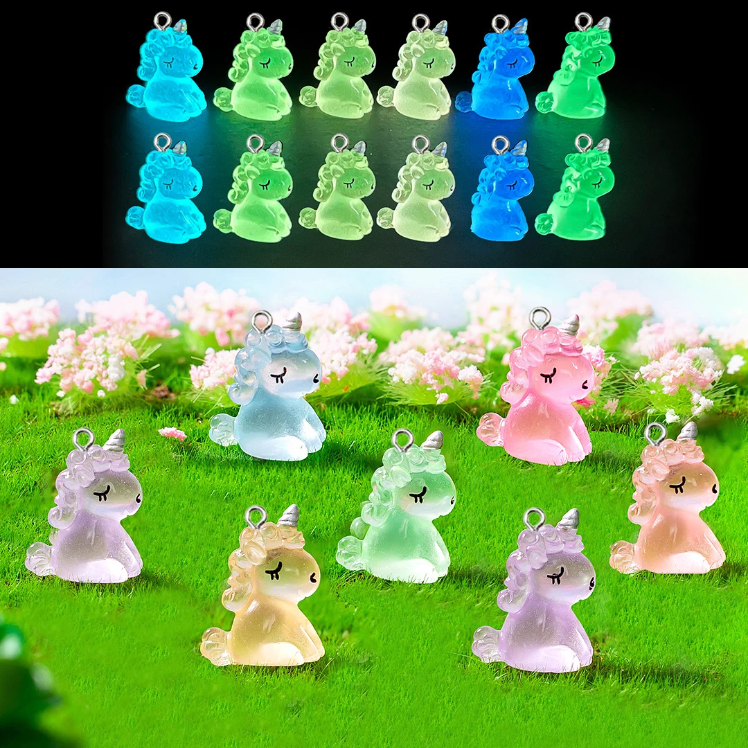 10Pcs Kawaii Luminous 3D Unicorn Horse Resin Charms Cute Animals Pendants for Jewelry Making Earrings Keychains DIY Accessories