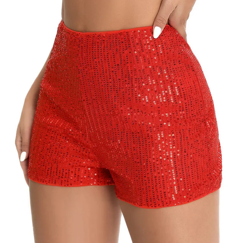 WPNAKS Women Sequins Shorts Summer Clothes Mid Waist Elastic Band Sparkly Glitter Hot Straight Leg Shorts Sexy Club Streetwear