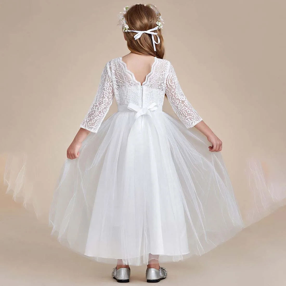 YZYmanualroom Charming Bow Lace Flower Girl Dress with Long Sleeves 2-15T