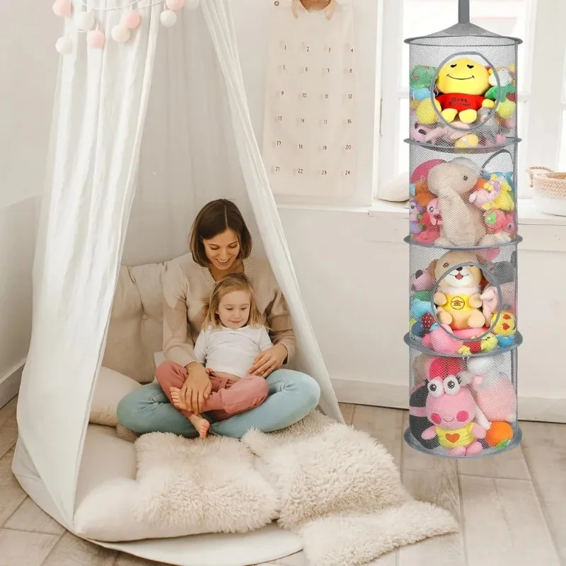 Foldable Plush Animal Storage Net 4 Compartments Hanging Mesh Toy Storage Hammock for Kids Room Toys Gloves Hats Socks