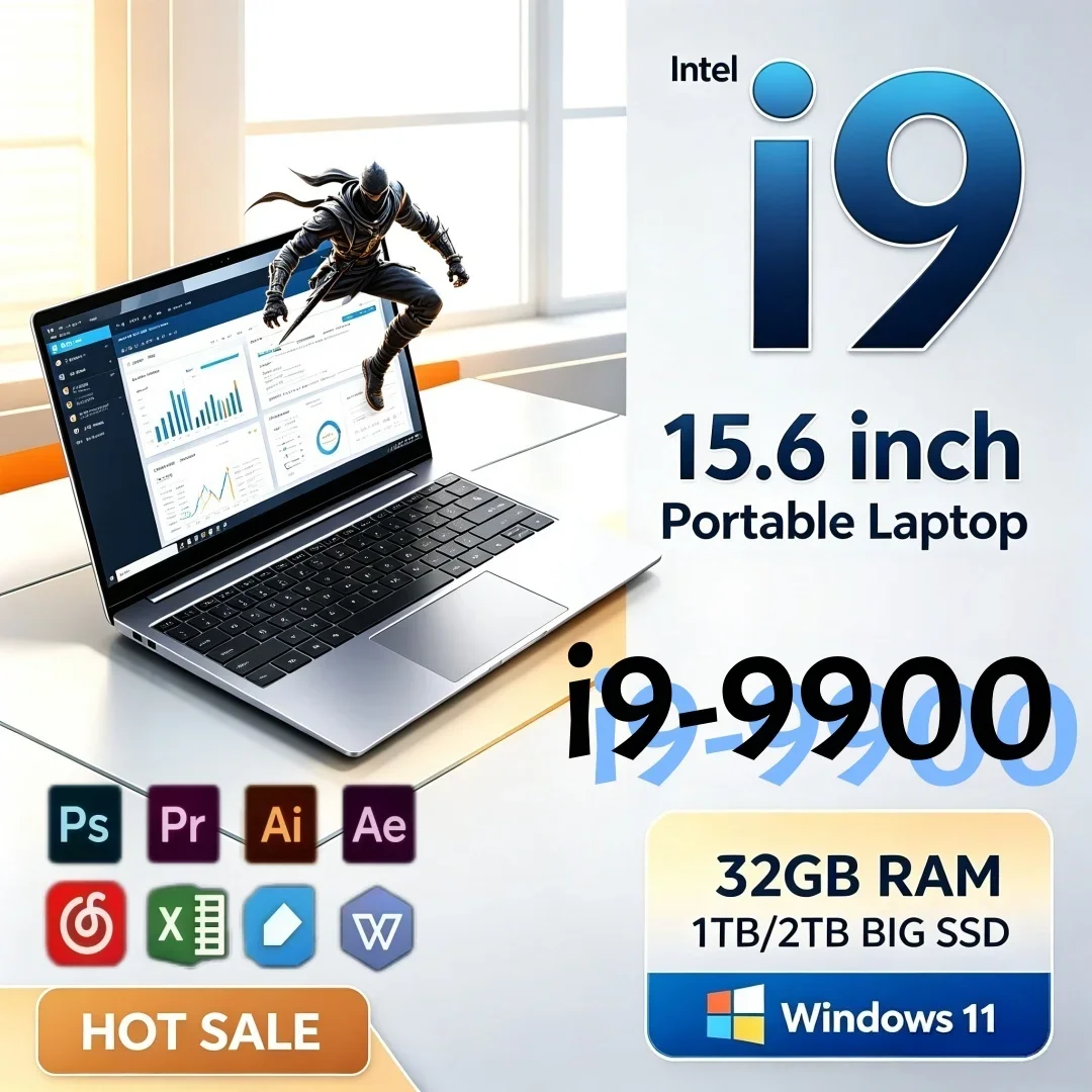 Intel I9-9900 Portable Laptop 15.6 Inch 16/32GB RAM 1/2TB BIG SSD Bright Windows11 Ultra Slim Laptop Office Study
