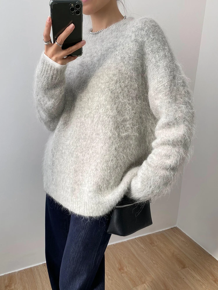 

55 Alpaca Wool Long Sve round Ne Knitted Sweater Women Winter Casual Thiened Loose Fit Comfortable Autumn Winter Top