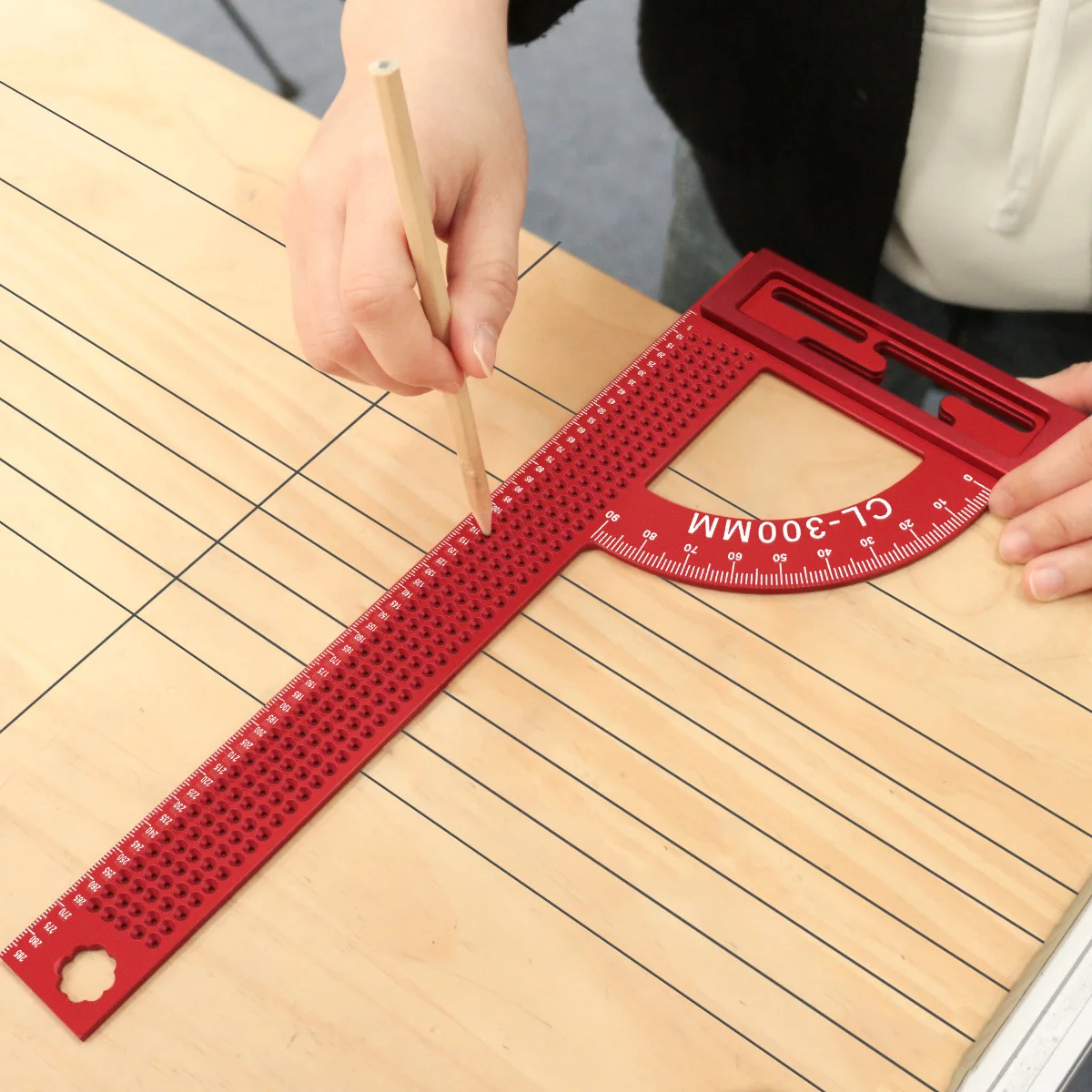 300mm Woodworking T‑Scribing Hole Ruler, Aluminum Alloy Framing Square with Removable Fence 1mm Precision Marking Gauge