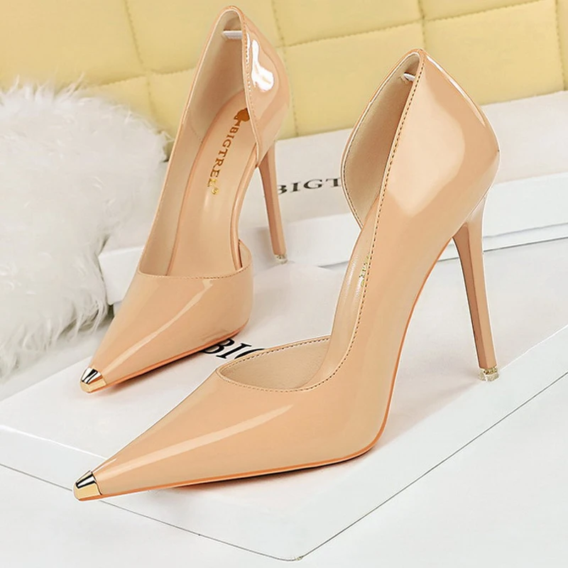 BIGTREE Shoes Black Patent Leather High Heels Metal Pointed Women Pumps Sexy Party Shoes Stilettos Women 7 Cm 10.5cm Heels