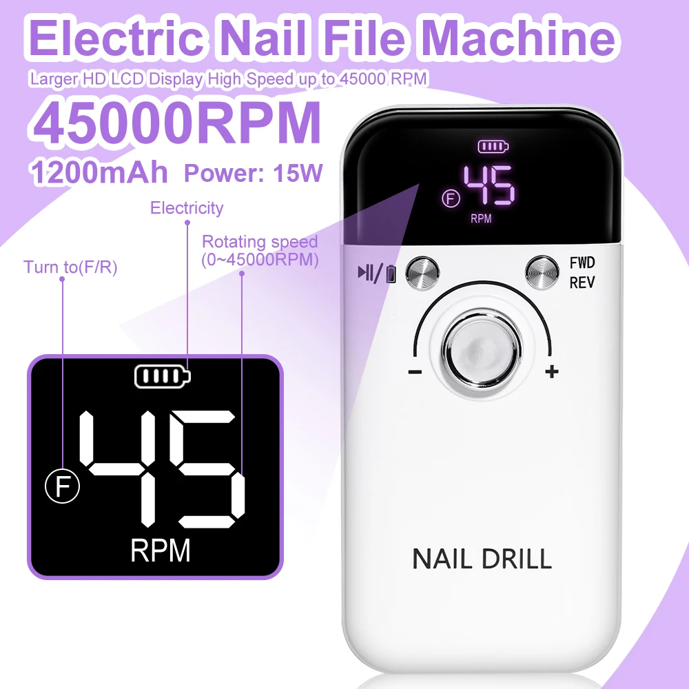Perceuse à ongles 45000 tr/min, lime électrique Rechargeable pour enlever et polir le Gel acrylique, pour la maison/salon, manucure et pédicure