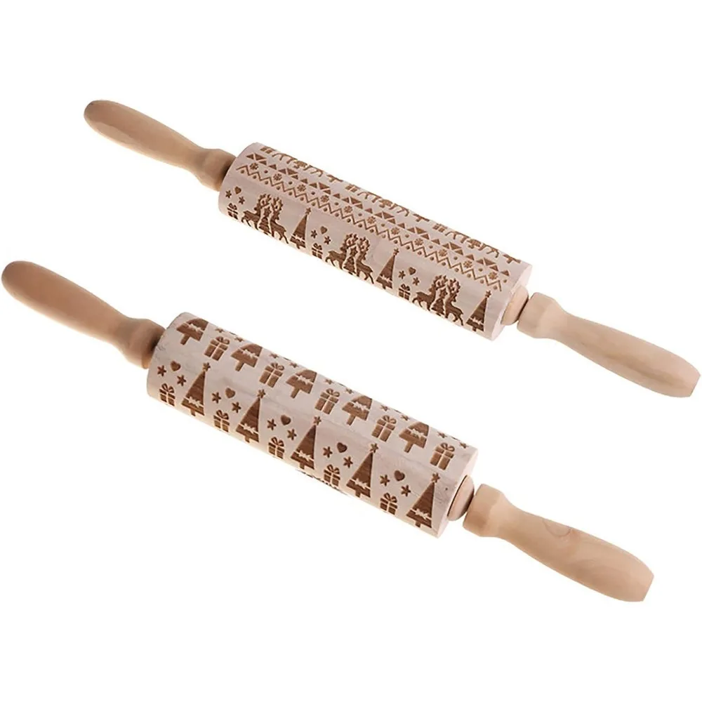 

Рождественский набор скалки с 3D-тиснением, деревянная гравировка для выпечки печенья и помадки, дизайн дерева из 2 предметов