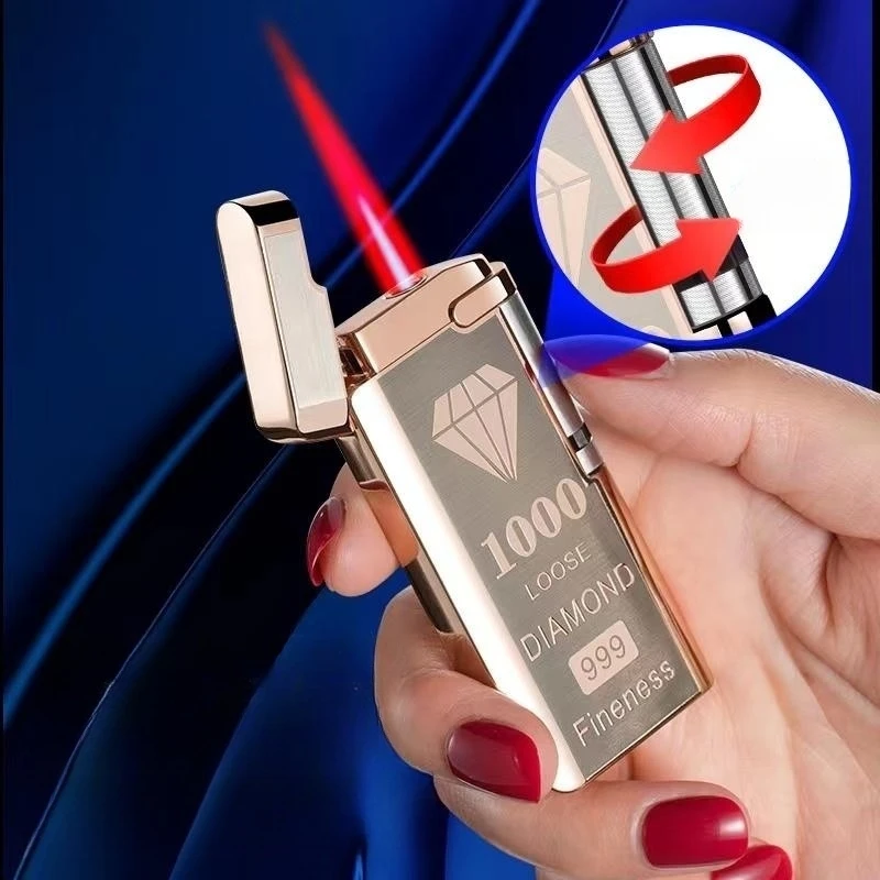 Metal Electroplated Thin Windproof Red Flame Inflatable Lighter Roller Sideslip Ignition Battery Butane Gas Lighter Gift No Gas