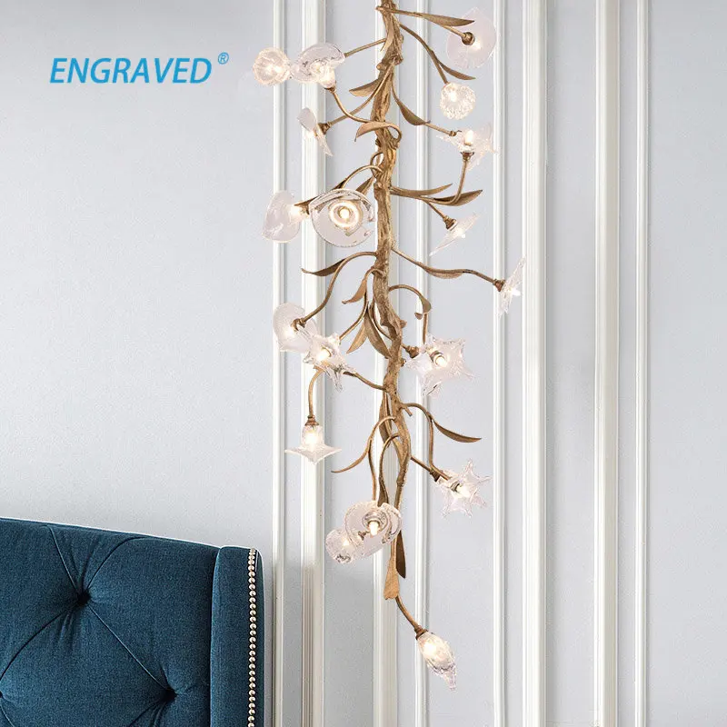 Tree Branches Chandelier for Villa Hall Stair Hanging Lamp Copper Handmade Glass Flower Indoor Decoration Ceiling Lighting Retro