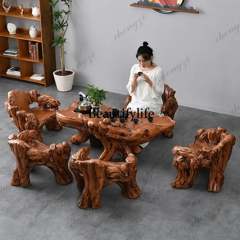 C178 New Chinese tea table and chair combination office imitation root carving household  Kung Fu coffee table all-in-one table