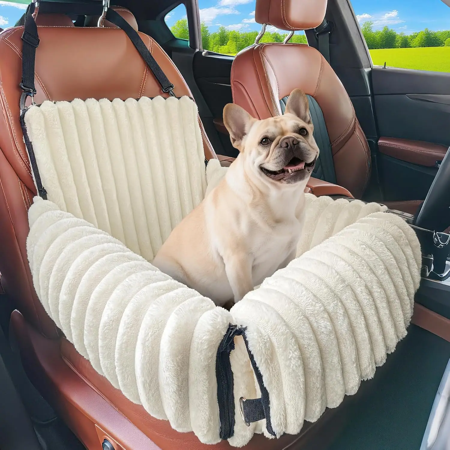 

6-in-1 Convertible Dog Car Seat for Small/Medium Pets up to 25 lbs, Removable Washable Cover with Safety Leash, Beige