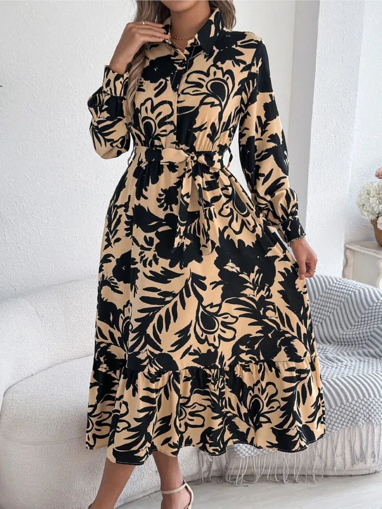 ฤดูร้อนผู้หญิงแฟชั่นชุดลําลองดอกไม้เสื้อแขนยาวชุด Ruffles Out วันหยุดสไตล์ชุด Office Lady เสื้อผ้า