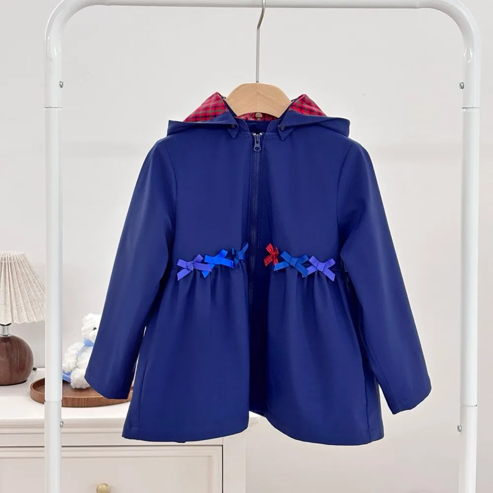 

Детская одежда для девочек, детское пальто, милая скрытая синяя куртка для девочек, ветровка с бантом и украшением для девочек, куртка
