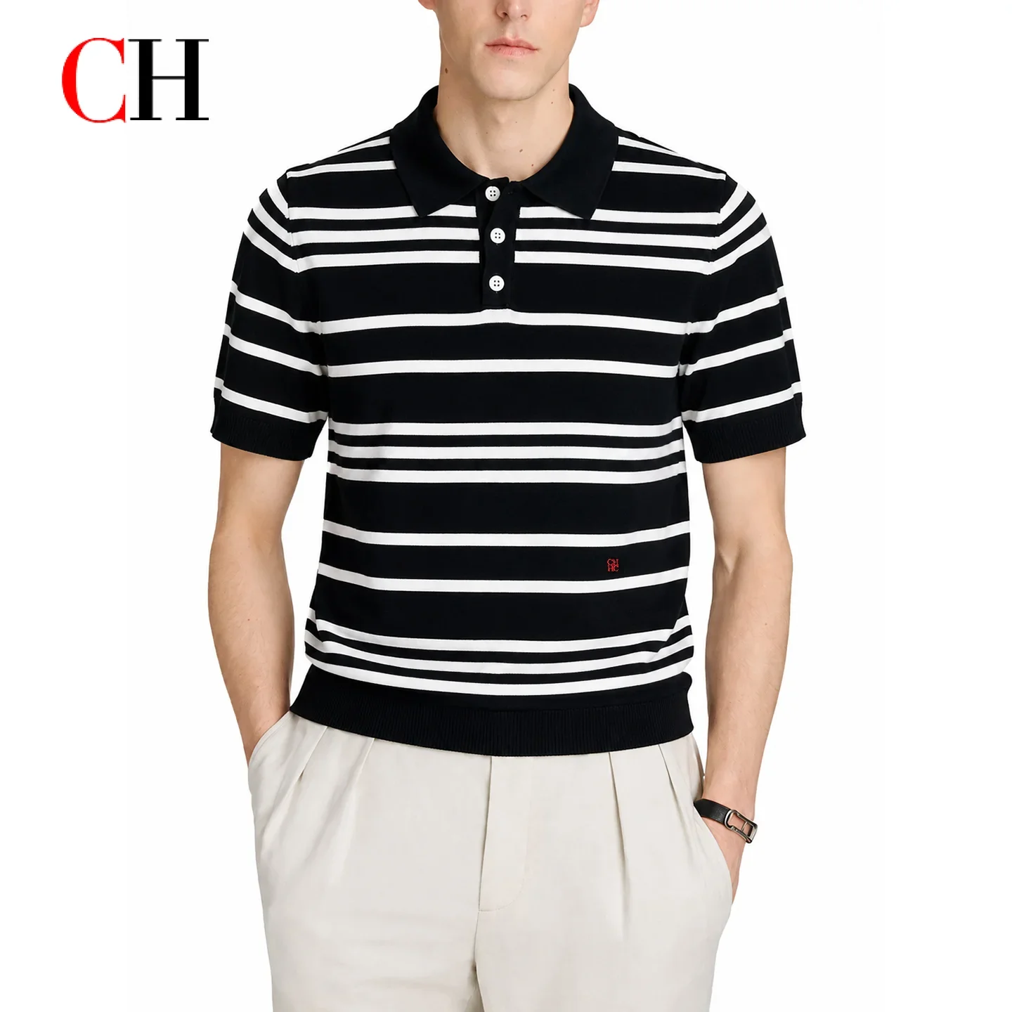 CH Men's Striped Knit Polo Shirt Short Sleeve Button Collar Casual Summer Pullover Smart Business Top