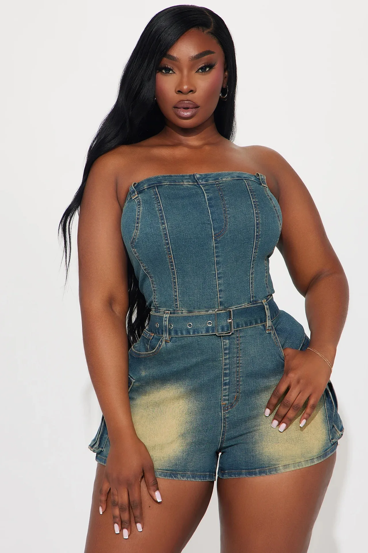 Streetwear Multi poches jean Cargo combishort Sexy femmes sans bretelles élégant Denim Club barboteuse salopette