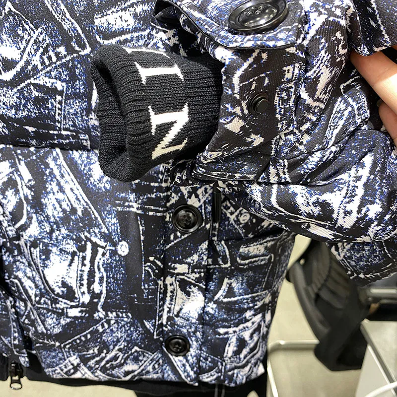 Piumino alla moda in colore a contrasto da donna invernale nuovo stile giacca da pane con cappuccio stampata con personalità calda e ampia e spessa