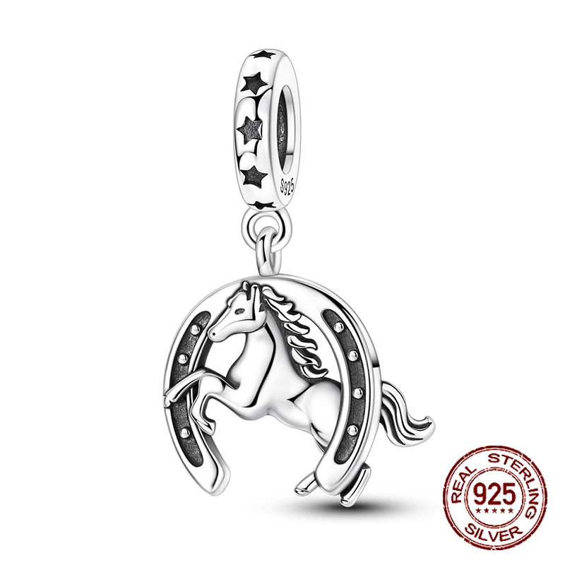 

Подвеска-шарм из стерлингового серебра 925 пробы в виде подковы и скачущей лошади, бусина-звезда, талисман удачи, конный дизайн, для браслетов, ювелирное украшение, подарок