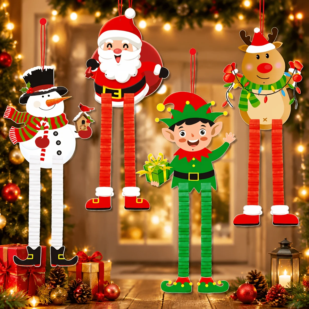 2/3/4pcs Christmas Hanging Ornaments Vintage Santa Snowman Elk Retractable Decor For Xmas Tree Door Wall Home Random Style