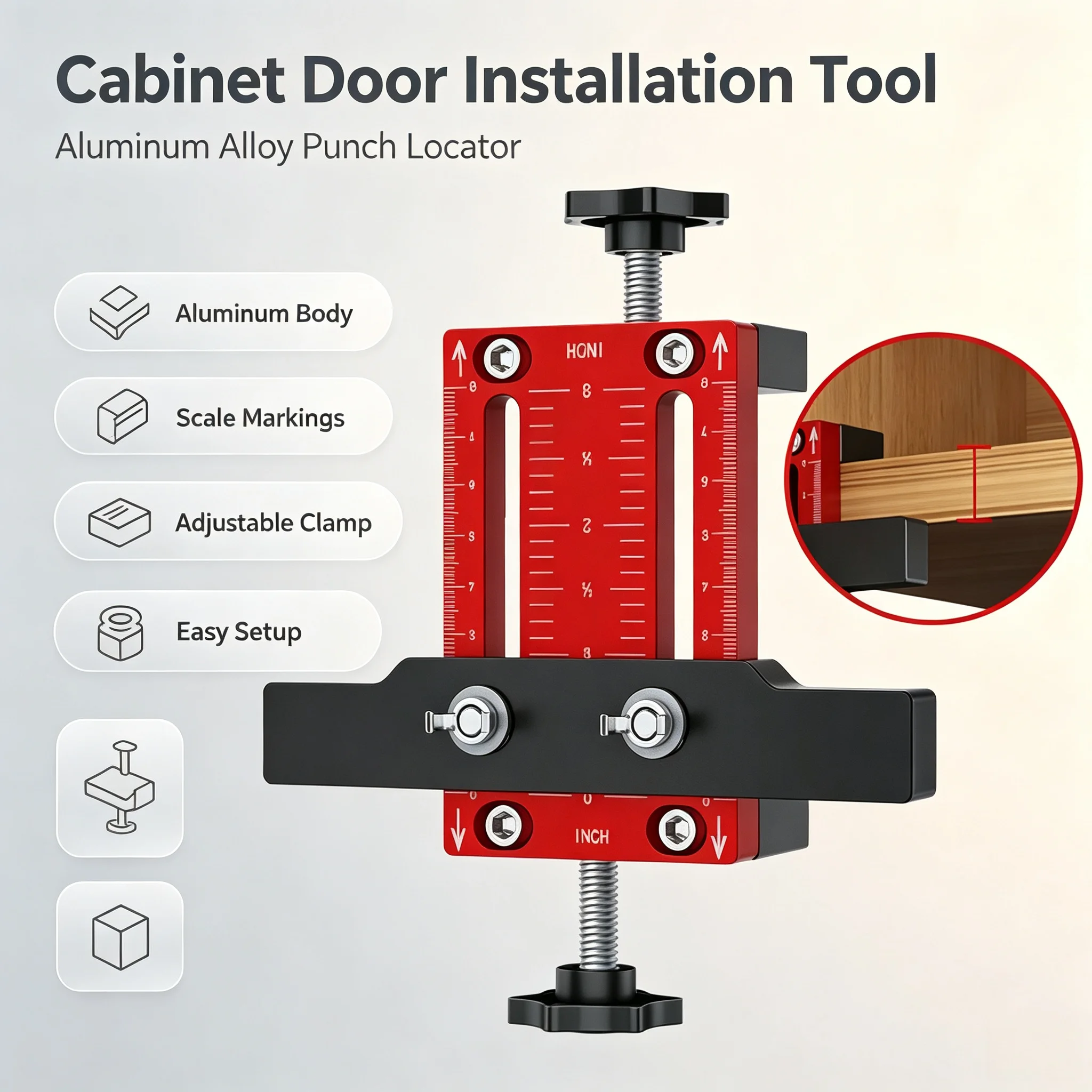 Cabinet Door Installation Jig with Support Arm and Clamp Aluminum Alloy Body for Framed or Frameless Cabinets Mounting Tool