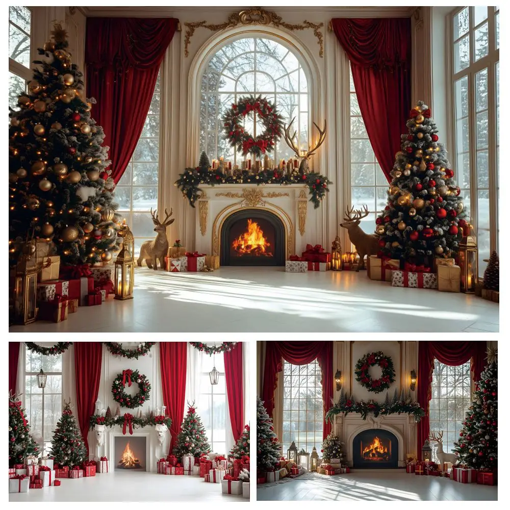 

Christmas Backdrop 2024 Retro White Wall Fireplace Red Curtain Window Xmas Tree Gifts Kids Portrait Photography Background Decor