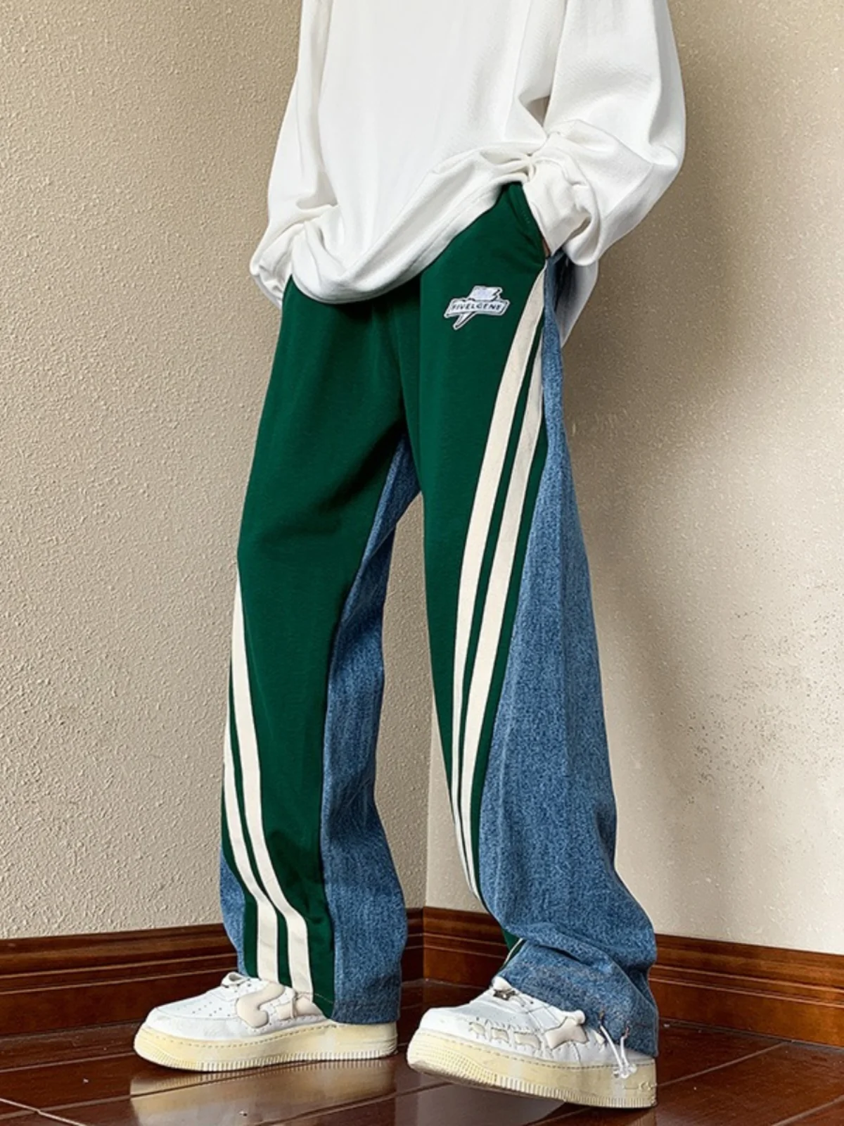 

Loose Men's Denim Casual Pants High Waist Straight Leg Wide Leg Long Trousers American Sle Heavyweight Patchwork Jeans